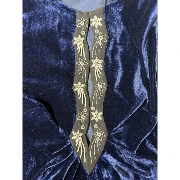 Saloni Jinx C Navy Blue Velvet Crystal Embellished Midi Dress Long Sleeve Slit - Picture 10 of 11